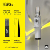 Quelle Professional Tattoo Needles, gauges 12# (0.35mm) and 10# (0.30mm), 3.5mm tapers, textured polished, stainless steel material.